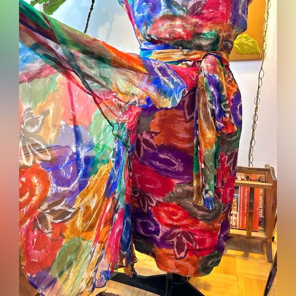 60s/70s Silk Rainbow Watercolor Floral Cocktail Party Dress - Picture 3 of 8